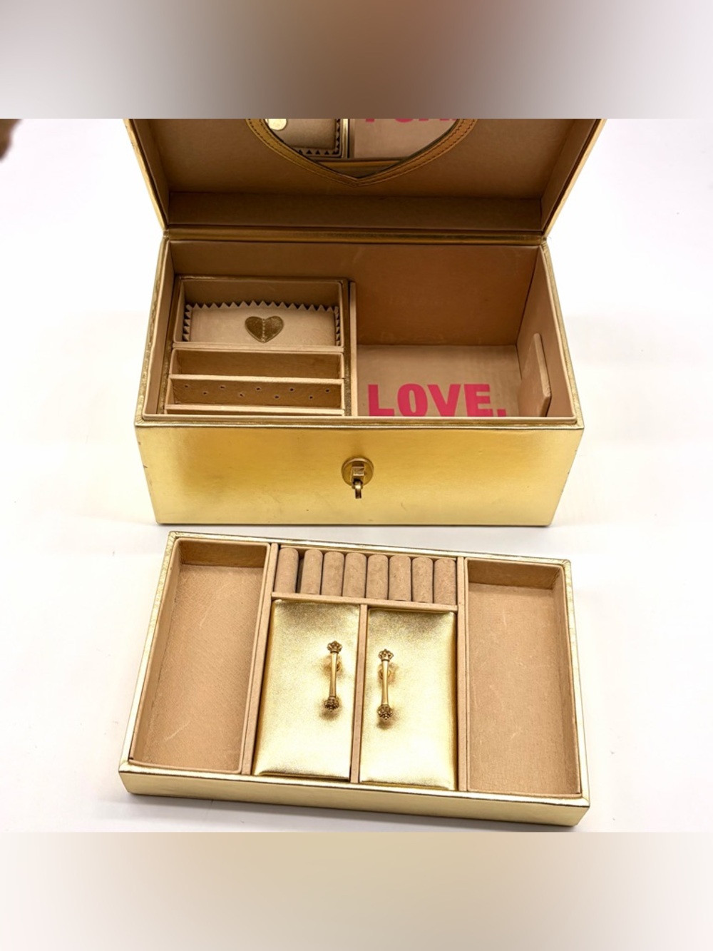 Juicy Couture Gold Leather Mirror Jewelry Box Metallic Large Lock Train Case Y2K - Picture 8 of 12